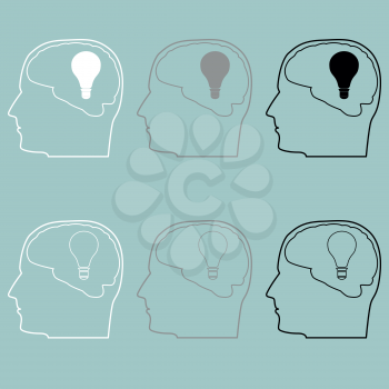 Head with brain and bulb icon set.
