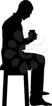 Man holding mug and looking at the contents inside while sitting on stool Concept of calm and home comfort icon black color vector illustration flat style simple image