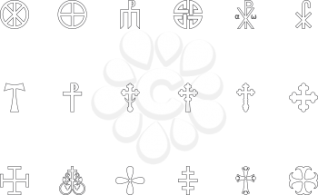 Religious cross black color set outline style vector illustration