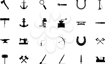 Vintage tools and craft objects black color set solid style vector illustration