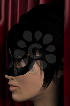 Masked woman and red silk curtains 3d illustration.