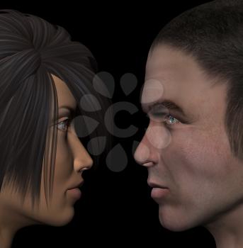 Young couple in love looking into each other's eyes. Man and woman 3d illustration.