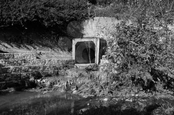 Waste water and sludge from a drain contaminating a small river. Black and white.