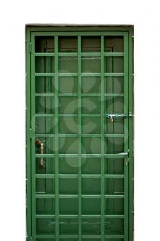 Green door and locked protective metal frame.