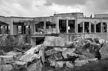 Old marble processing factory. Black and white.