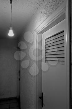 Bare light bulb and doors in underground hallway. Black and white.
