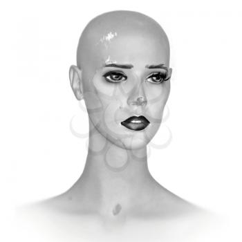 Weathered plastic mannequin doll head. Black and white.
