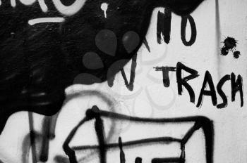 No trash graffiti street art detail abstract background. Black and white.