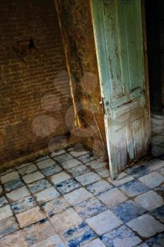 Decayed room interior old door tiled floor and roots growing on crumbling brick wall.