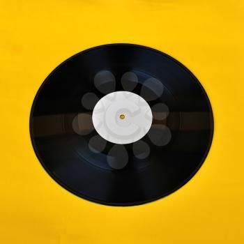 Vinyl record white label promo on yellow background. Music and audio.