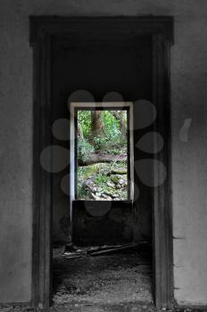 Window view to nature scene in abandoned house interior. Selective saturation.