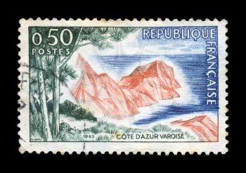FRANCE - CIRCA 1963. Vintage canceled postage stamp with Cote d'Azur French Riviera landscape illustration, circa 1963.