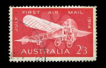 AUSTRALIA - CIRCA 1964. Vintage canceled postage stamp with Bleriot monoplane illustration printed by the Reserve Bank of Australia, Melbourne, to commemorate the 50th anniversary of the first air mail flight in Australia, circa 1964.