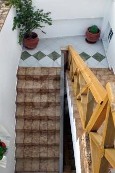 Wooden banister and tiled stairway with plant tubs. Architectural detail.