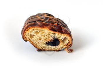 Chocolate croissant dessert sweet pastry on white background.