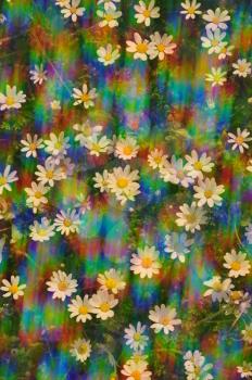 Daisy flowers on a sunny spring day. Abstract sunlight spectral reflections through vintage prism lens filter.