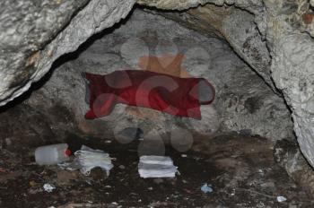 Sleeping bag of homeless cave dweller hermit.