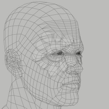 Man wireframe 3d illustration. Head and face human figure abstract outline.
