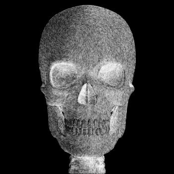 Spooky skull abstract sketch digital illustration on black background.