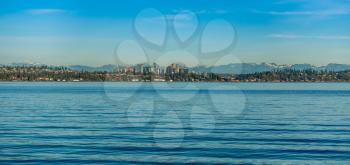 A view for the skyline in Bellevue, Washington. Lake Washington in fhe foreground.