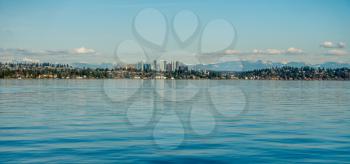 A veiw of the skyline in Bellevue, Washington across Lake Washington.