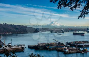 A view of moored boats in the Port of Tacoma with Mount Rainier in the distance.