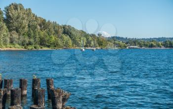A view of Lake Washington and the shoreline at Coulon Park in Renton, Washington.