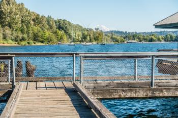 A view of Lake Washington and the shoreline at Coulon Park in Renton, Washington.