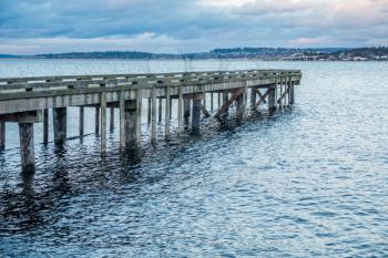 A veiw of piers on Lake Washington near Seattle at dusk.