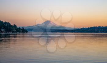 A view of Mount Rainier at sunset. Photo take from Seward Park in Seattle, Washington.