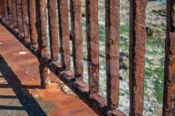A closeup shot of a rusted fence near the water in West Seattle, Washington.