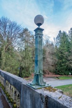 A street lamp in perched on a bridge in Seattle, Washington.