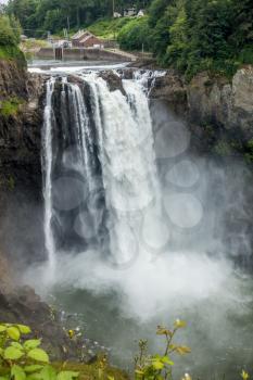 Water explodes into a waterfall in Snoqualmie, Washington.