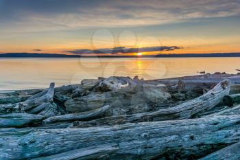 A view of the sun setting with driftwood in the foreground. Photo take from Normandy Park, Washington.