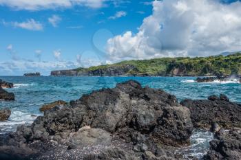 A view of the shoreline at Keanae Point on Maui, Hawaii.