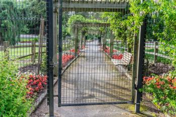 A view of a gate and walkway at the rose garden in Point Defiance Park in Tacoma, Washington.