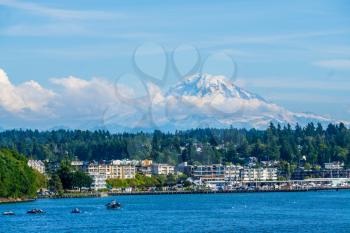 A view of the marina in Des Moines, Washington with Mount Rainier in the distance.