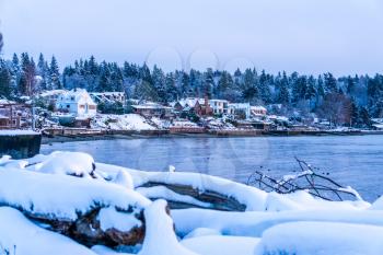 A view ofshoreline at Normandy Park, Washington. It is evening on a winter day.