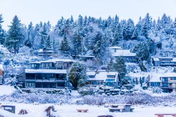 A view of snow and homes in Normandy Park, Washington.