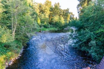 A scenic landscape shot of the Cedar River in Maple Valley, Washington.