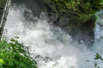 A view of exploding whitewater on the Deschutes River in Tumwater, Washington.