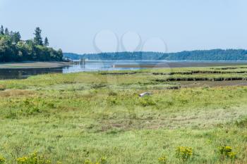 The Nisqually River flows past mud flats in the Nisqually Wetlands near Olympia, Washington.