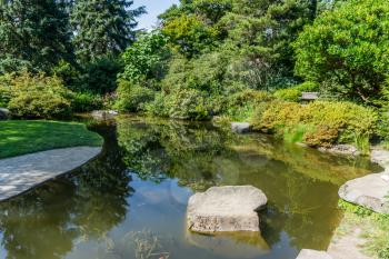 A view of a pond in a garden in Renton, Washington.