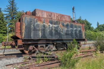 A closeup shot of an old derelict train.