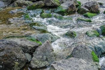 A macro shot of a stream flowing over boulders.