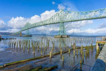 A veiw of the Astoia-Megler bridge that spans the Columbia River. Old pilings in the forground.