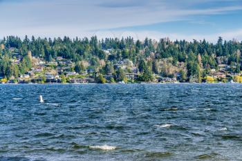 A view of waterfron home on Mercer Island near Seattle, Washington.