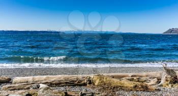 A view of the Olympic Mountains from Seahurst Beach Park in Burien, Washington.