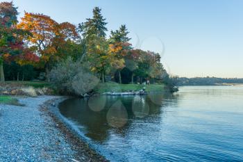 Autumn colors are on display on the shoreline of Lake Washington in Seattle.