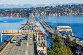 Floating bridges cross Lake Washington in Seattle.